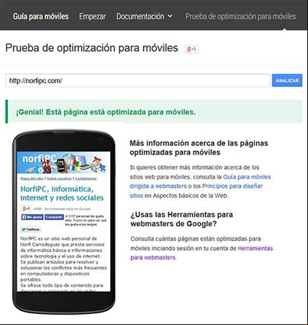 Probando el sitio web NorfiPC con la Prueba de optimización para móviles Probando el sitio web NorfiPC con la Prueba de optimización para móviles