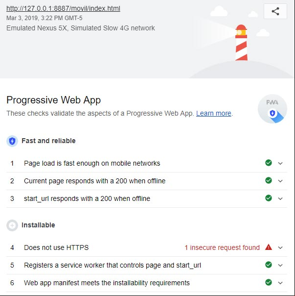Resultado exitoso de la auditoria de Lighthouse a la aplicación web progresiva Resultado exitoso de la auditoria de Lighthouse a la aplicación web