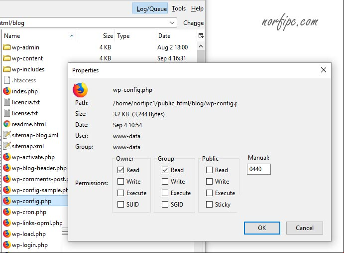 Cambiar los permisos del archivo wp-config.php con FireFTP Cambiar los permisos del archivo wp-config.php con FireFTP